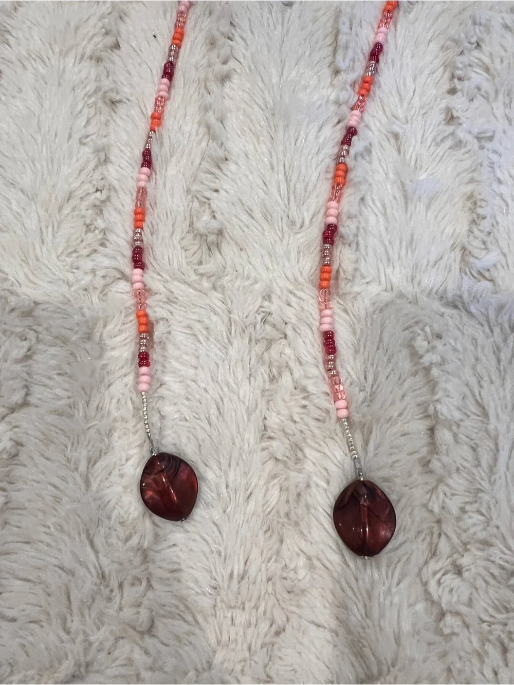 Pink & Orange Beaded handmade Necklace with Amber Drop Pendants